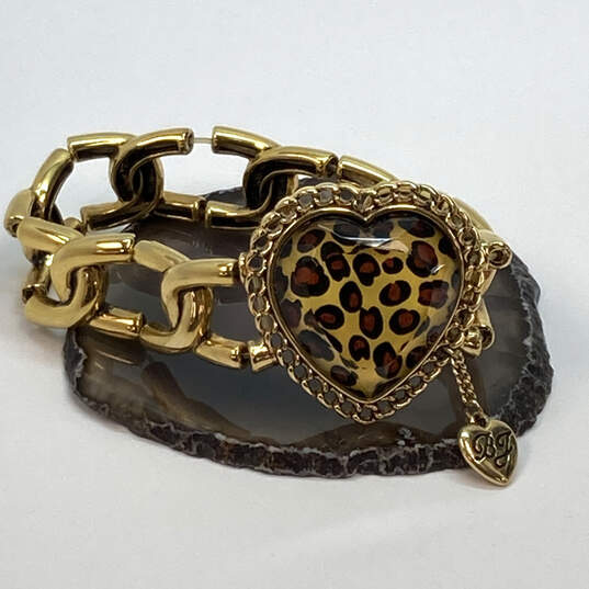 Designer Betsey Johnson Animal Print Gold Tone Heart Chain Bracelet 48.9g image number 3