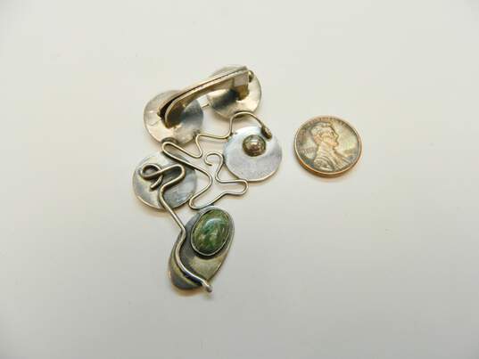 Silver Forever Mexico 925 Modernist Green Stone Cabochon Arch Squiggles & Dome Abstract Brooch 20.4g image number 4
