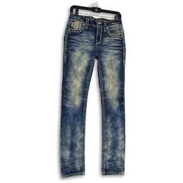 Womens Blue Denim Embroidered Medium Wash 5-Pocket Design Straight Jeans Size 26