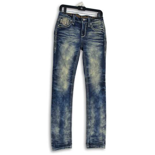 Womens Blue Denim Embroidered Medium Wash 5-Pocket Design Straight Jeans Size 26 image number 1