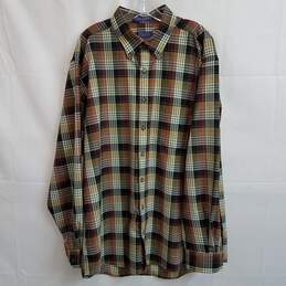 Pendleton fine knit plaid wool green tan button up shirt XL long