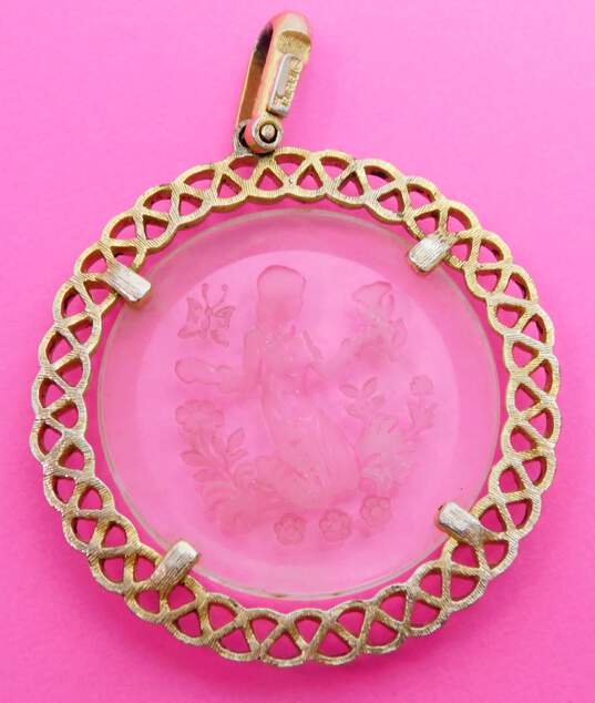 Vintage Crown Trifari Virgo Zodiac Astrology Carved Glass & Gold Tone Medallion Pendant 16.6g image number 2