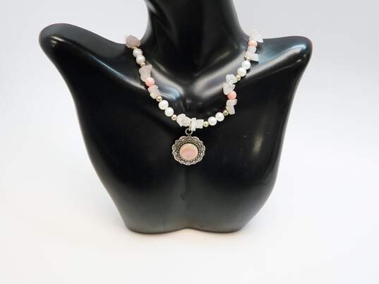 Carolyn Pollack Sterling Silver Rose Quartz Pearl Of Pearl Pendant Necklace 33.6g image number 1