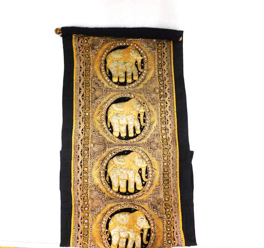 Vintage Thai Elephant Bead Embroidered Wall Hanging Vertical Art Tapestry image number 3