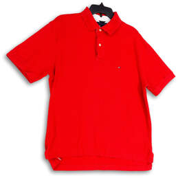 Mens Red Spread Collar Short Sleeve Side Slit Polo Shirt Size Large