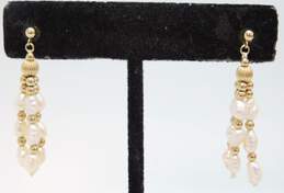 Romantic 14k Yellow Gold Bead & Freshwater Pearl Drop Earrings 2.1g alternative image