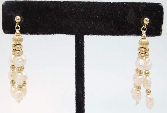 Romantic 14k Yellow Gold Bead & Freshwater Pearl Drop Earrings 2.1g image number 2