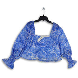 NWT Womens Blue Floral Square Neck Long Sleeve Cropped Blouse Top Size S