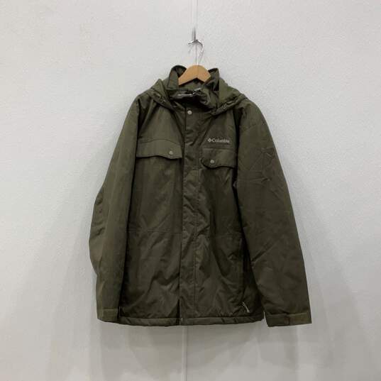 Mens Olive Green Long Sleeve Hooded Flap Pocket Full-Zip Parka Jacket Size XL image number 1