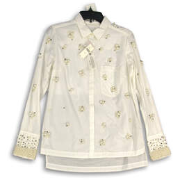 NWT Womens White Long Sleeve Embellished Collared Button-Up Shirt Size XS