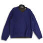 Mens Blue Cutout Neck Long Sleeve Ribbed Hem Pullover Sweater Size L/G image number 1