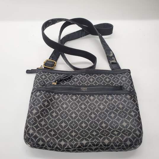 Fossil Black & Gray Patterned Coated Canvas Flat Small Crossbody image number 1