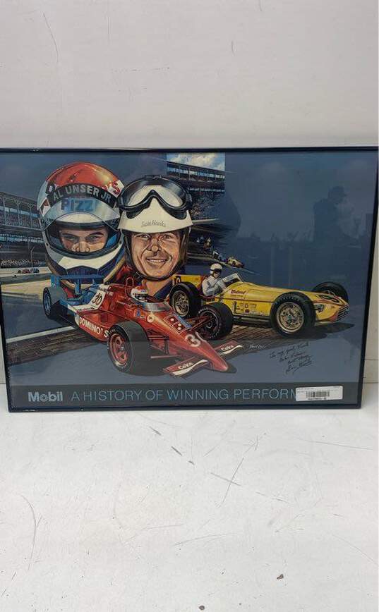 Framed Mobil Racing Poster Signed by Al Unser Jr. & Sam Hanks image number 1