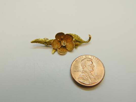 Antique 14K Two Tone Gold 2.3mm Old Mine Cut Diamond Flower Brooch 7.1g image number 4