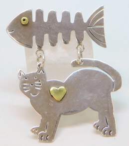 925 Sterling Silver & Brass Mexico Cutout Cat & Fishbone Dangle Brooch
