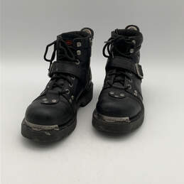 Mens Black Leather Round Toe Mid Top Lace-Up Motorcycle Boots Size 8.5