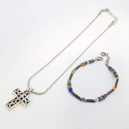 Brighton Silver/Gold Tone Faceted Crystal 7 1/2in Bracelet Cross Pendant 17 1/4in Necklace Bundle 2pcs 24.9g