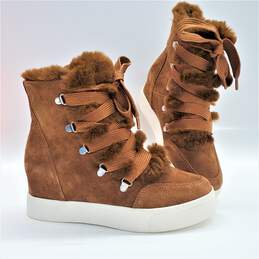 Steve Madden Wharton Wedge Sneaker Bootie Brown Faux Fur And Suede Women's Size 8.5M