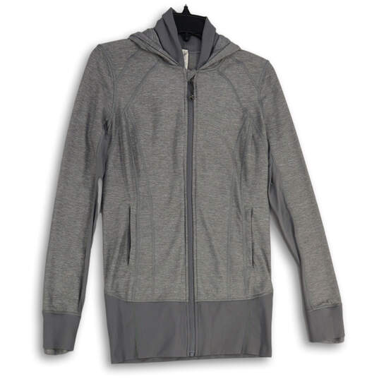 Womens Gray Heather Long Sleeve Hooded Activewear Full-Zip Jacket Size 8 image number 1