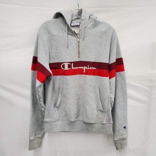Champion Reverse Weave Half Zip Pullover & Hoody Light Gray & Red Size SM image number 1