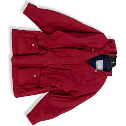 Mens Red Pockets Long Sleeve Hooded Button Front Jacket Free Size