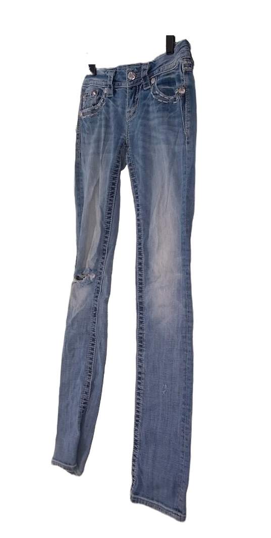 Womens Blue Medium Wash Distressed Denim Straight Leg Jeans Size 24 image number 3
