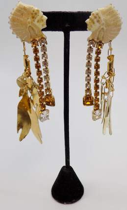 Vintage Lunch At The Ritz Goldtone Native American Chief Headdress Clear & Yellow Rhinestones & Cream Enamel Feathers Drop Post Earrings 35.2g