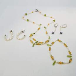 Sterling Silver F.W. Pearl Earring Necklace Bracelet 4 Pcs Bundle Damage 12.6g