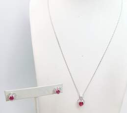 925 Heart Cut Ruby & Diamond Accent Stud Earrings & Pendant Necklace Set