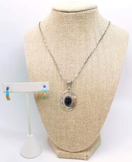 SJ & Artisan 925 Onyx Stamped Pendant Necklace & Multi Stone Drop Earrings