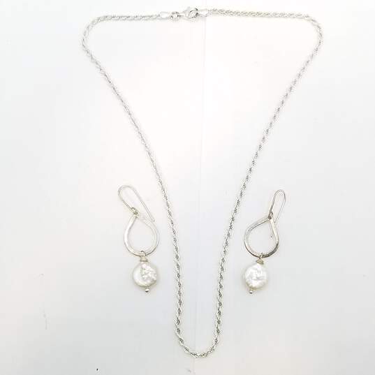 Sterling Silver Button Pearl Dangle Earrings 17in Rope Chain Necklace Bundle 2 Pcs 13.4g image number 5