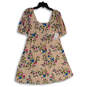 NWT Womens Pink Blue Floral Pleated Square Neck A-Line Dress Size M image number 1