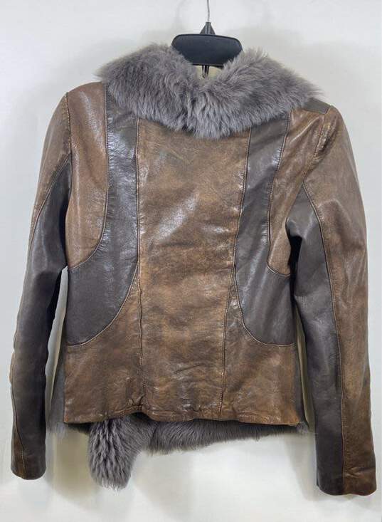 All Saints Women Brown Spitalfields Mures Faux Fur Leather Jacket Sz 10 image number 2