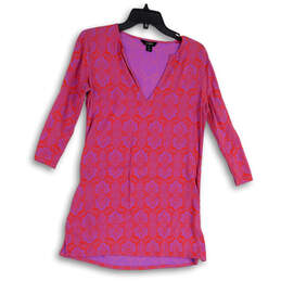 Womens Red Purple Geometric Split Neck Side Slit Pullover Tunic Top Sz XXS
