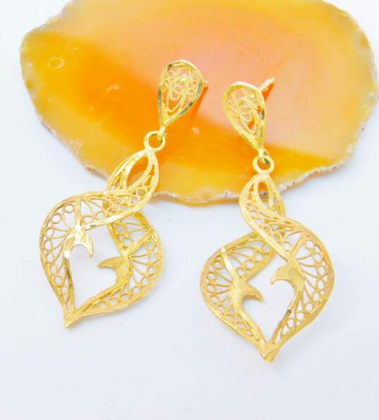 14K Yellow Gold Filigree Open Work Drop statement Earrings 3.7g image number 3