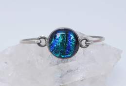 Artisan 925 Blue Dichroic Art Glass Circle Tension Bangle Bracelet & Unique Flower Drop Earrings 15.2g alternative image