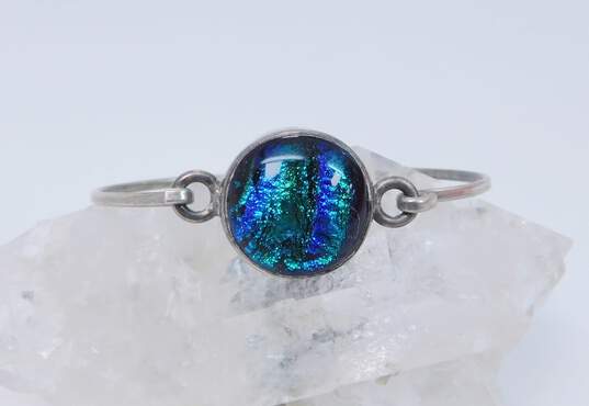 Artisan 925 Blue Dichroic Art Glass Circle Tension Bangle Bracelet & Unique Flower Drop Earrings 15.2g image number 2