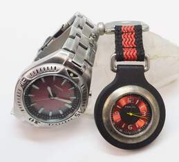 Fossil Blue AM-3540 Silver Tone Red Dial & ML-2073600 Keychain & Wrist Watches