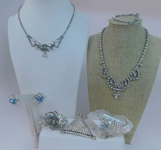 Vintage Icy Clear & Blue Rhinestone Statement Necklaces Brooches & Earrings 98.8g image number 1