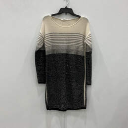 Womens Beige Black Striped Knitted Round Neck Pullover Sweater Dress Size M