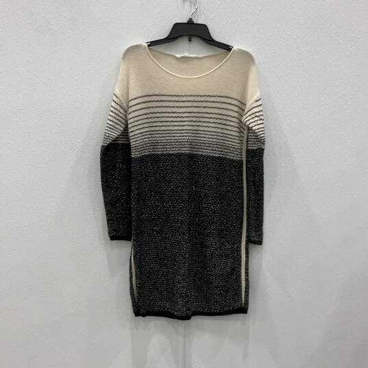 Womens Beige Black Striped Knitted Round Neck Pullover Sweater Dress Size M image number 1