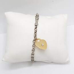 Sterling Silver 14K Gold Heart Tag W/ Diamond Rolo Chain Bracelet 3.4g