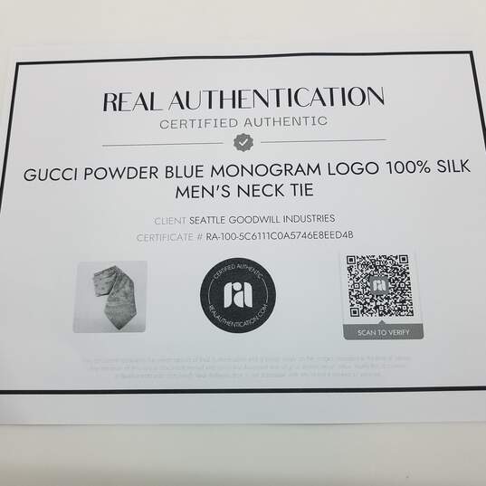 AUTHENTICATED Gucci Powder Blue Monogram Logo Silk Mens Neck Tie image number 6
