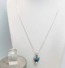 Artisan 925 Blue Opal Cabochon & White Pearl Byzantine Chain Accent Pendant Necklace & Band Ring 8.5g