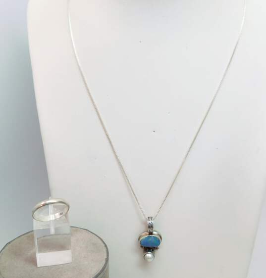Artisan 925 Blue Opal Cabochon & White Pearl Byzantine Chain Accent Pendant Necklace & Band Ring 8.5g image number 1
