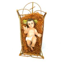 Vintage Nativity Baby Jesus Figurine W/ Glass Eyes & Twig Manger Christmas Spain alternative image