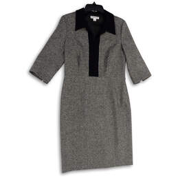 Womens Gray Black 3/4 Sleeve Spread Collar Back Slit Sheath Dress Size 8