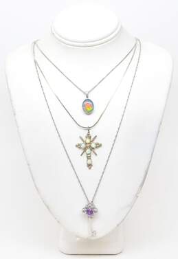 Contemporary Sterling Silver Opal Amethyst Diamond Accent Pendant Necklaces 8.9g