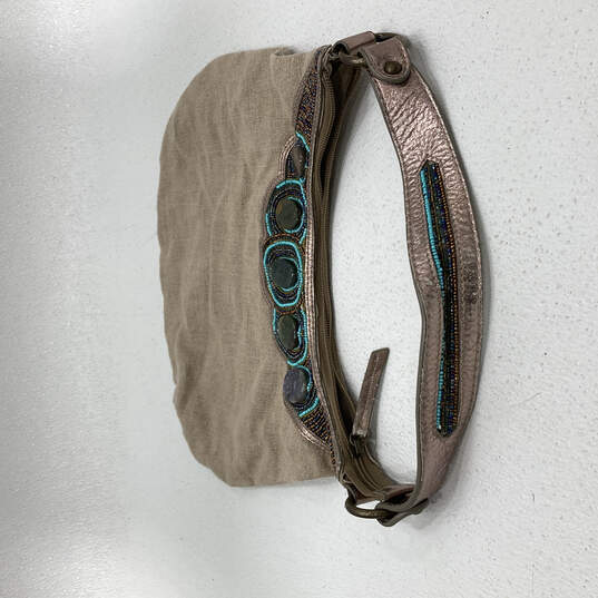 Womens Beige Beaded Inner Pocket Leather Shoulder Strap Zipper Hobo Bag image number 3