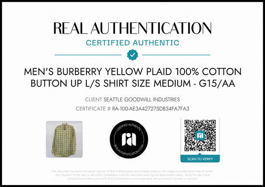 Burberry Men's Yellow Plaid 100% Cotton Button Up Long Sleeve Shirt Size M - AUTHENTICATED image number 2